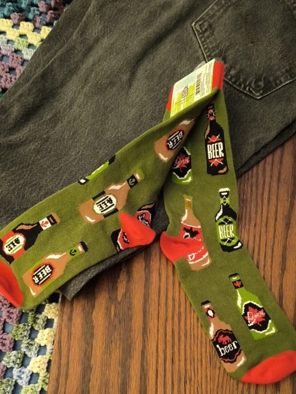 Men's Olive Green Beer Bottle Crew Socks with Orange Accents